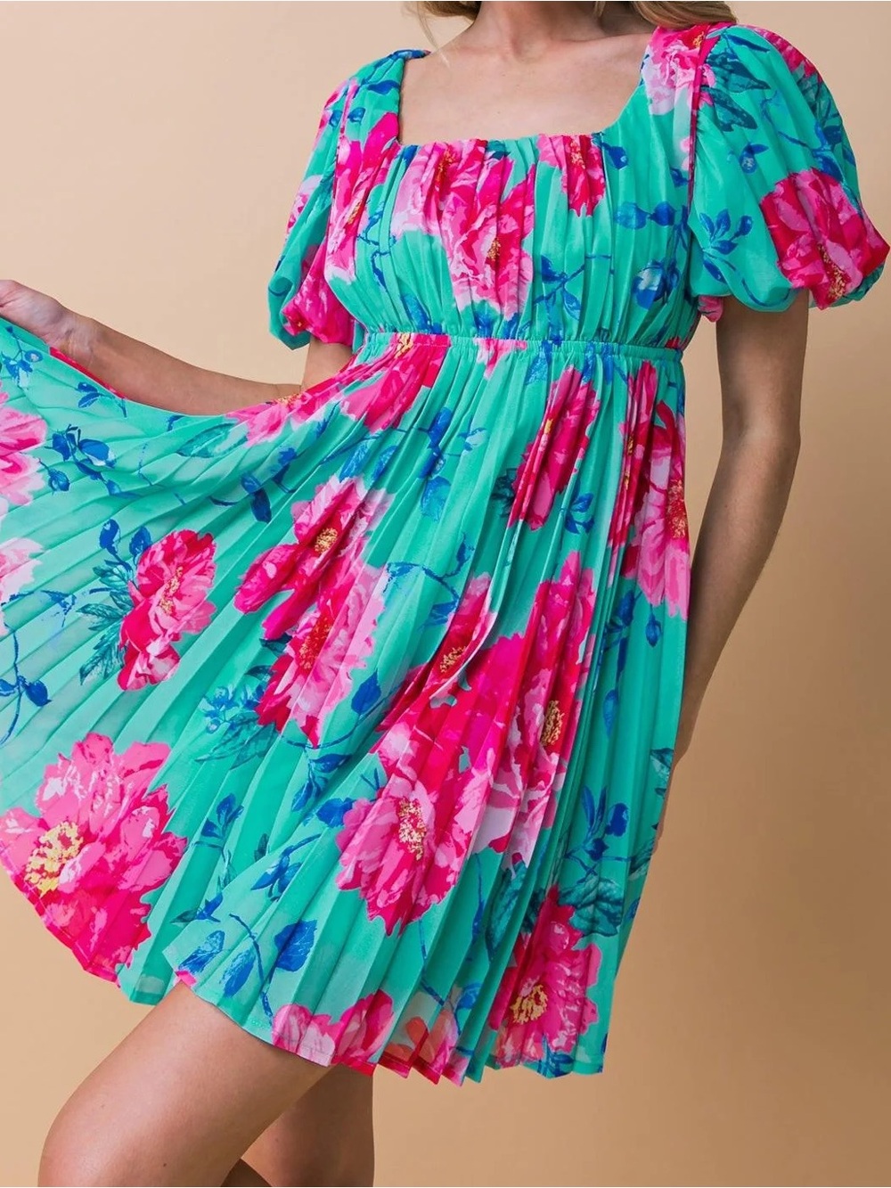 Flying Tomato Aqua Floral Mini Dress with Pink and Blue Blooms
